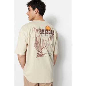 Trendyol Men's Beige Oversize/Wide-Fit Tropical Arizona City Printed Short Sleeve 100% Cotton T-Shirt