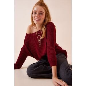 Happiness İstanbul Women's Burgundy Boat Collar Oversize Long Knitwear Sweater