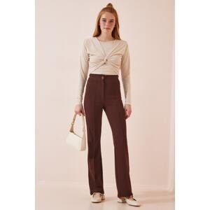 Happiness İstanbul Women's Brown High Waist Lycra Casual Knitted Trousers