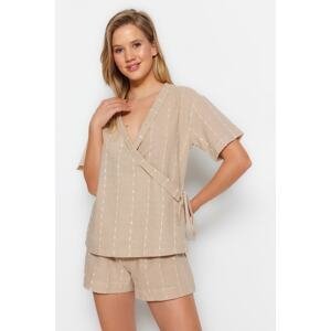 Trendyol Beige 100% Cotton Striped Wide Fit Woven Pajamas Set