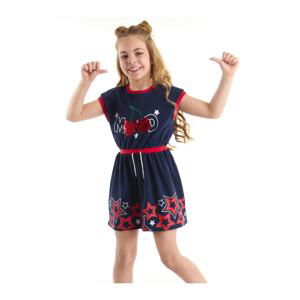 Mushi Girls Navy Blue Dress with Sequined Cherry Cotton