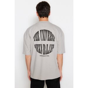 Trendyol Men's Gray Oversize Fluffy Text Printed 100% Cotton T-Shirt