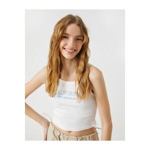 Koton Crop Ribbed Undershirt Thin Straps Embroidered Cotton