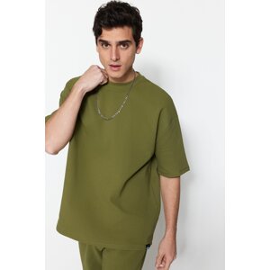 Trendyol Limited Edition Khaki Men's Oversize 100% Cotton Labeled Textured Basic Thick T-Shirt
