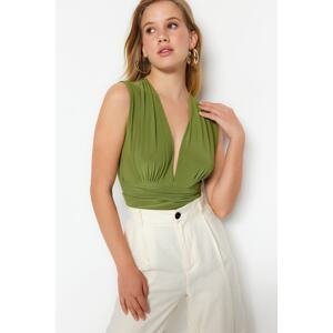 Trendyol Green Tie Detail V Neck Fitted/Sleeping Elastic Knitted Bodysuit