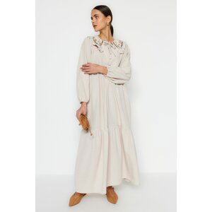 Trendyol Cream Collar Embroidered Half Pat Linen Look Woven Dress