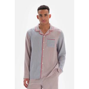 Dagi Red Shirt Collar Patchwork Striped Viscose Pajama Top