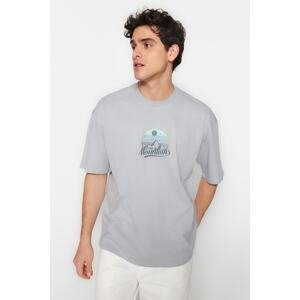 Trendyol Men's Gray Relaxed/Comfortable Cut Scenery-Text Printed 100% Cotton Short Sleeve T-Shirt