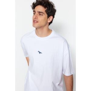 Trendyol White Men's Oversize/Wide Cut Crew Neck Short Sleeve Dinosaur Embroidered 100% Cotton T-Shirt
