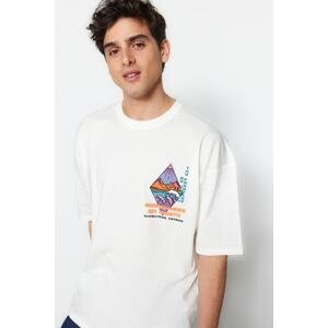 Trendyol Men's Ecru Oversize Fit Ribbed Printed 100% Cotton T-Shirt