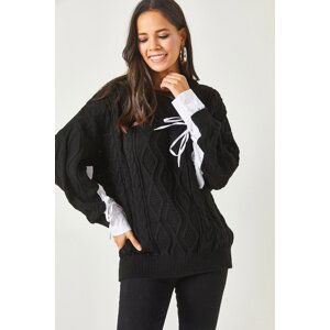 Olalook Women's Black Poplin Detail Oversize Knitwear Sweater