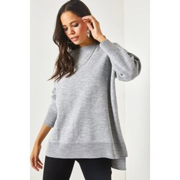 Olalook Women's Gray Crew Neck Side Slit Oversize Thick Knitwear Sweater