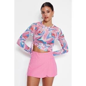 Trendyol Multi-Colored Printed Gather Detailed Crew Neck Basic Crop Flexible Tulle Knitted Blouse