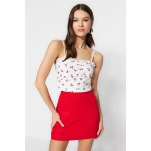 Trendyol White Floral Printed Strap Fitted Waffle Fabric Super Crop Knitted Blouse