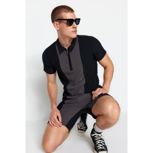 Trendyol Black-Grey Men's Regular/Normal Fit Short Sleeve Textured Anti-Wrinkle Ottoman Zipper Polo Neck T-Shirt