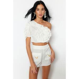 Trendyol Ecru Crop Woven Ruffle One Shoulder 100% Cotton Blouse