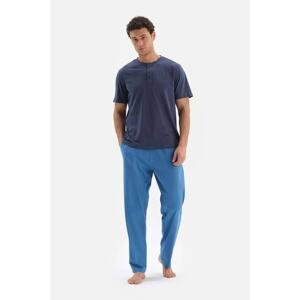 Dagi Navy Blue Half Pop Short Sleeve Cotton Modal Pajamas Set