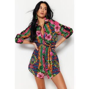 Trendyol Floral Patterned Belted Mini Woven Balloon Sleeve 100% Cotton Beach Dress