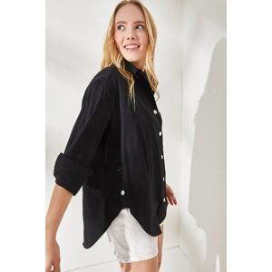 Olalook Women's Black Button Detailed Oversize Woven Shirt