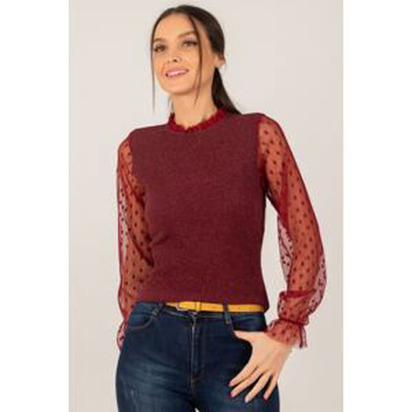 armonika Women's Claret Red Sleeve and Collar Tulle Corduroy Knitwear Sweater