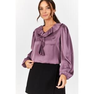 armonika Women's Purple Cotton Satin Blouse with Frilly Collar Shoulder Gathered Sleeve Elastic Cotton Satin Blouse