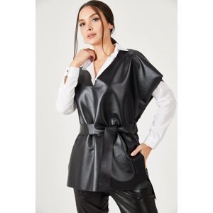 armonika Women's Black V-Neck Leather-Looking Blouse with a Short Front and Long Back Belt
