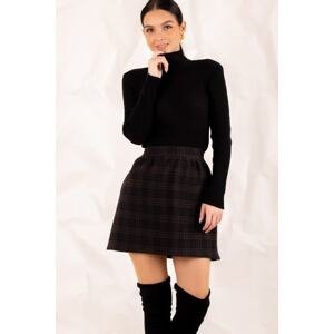 armonika Women's Brown Checkered Short Elastic Waist Skirt