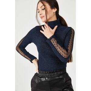 armonika Women's Navy Blue Neck Sleeve Lace Detail Knitwear Sweater