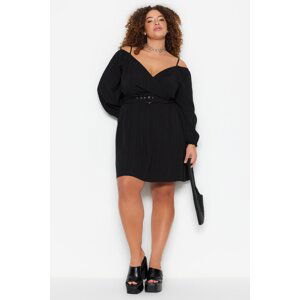 Trendyol Curve Black Woven Dress with a Belt, Double Breasted