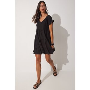 Happiness İstanbul Women's Black V-Neck Flounce Summer Flared Knitted Dress
