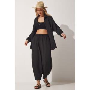 Happiness İstanbul Women's Black Linen Shirt & Shalwar Pant Suit