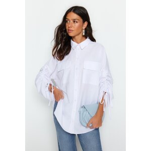 Trendyol White Woven Cotton Shirt with Adjustable Gathering Detail on Sleeves