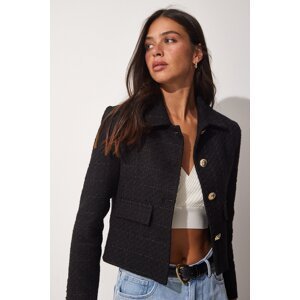 Happiness İstanbul Women's Black Gold Buttoned Tweed Woven Jacket