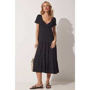 Happiness İstanbul Women's Black Deep V-Neck Tied Summer Viscose Dress