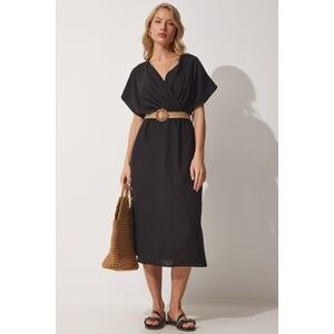 Happiness İstanbul Women's Black Straw Belted Summer Ayrobin Dress