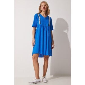 Happiness İstanbul Women's Blue V Neck Embroidered Flared Viscose Summer Dress