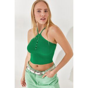 Olalook Women's Grass Green Cross Strap Stone Detailed Crop Knitwear Blouse