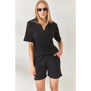 Olalook Black Polo Neck Top Pocket Shorts Ribbed Suit