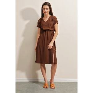 Bigdart 2378 V Neck Slit Knitted Dress - Brown