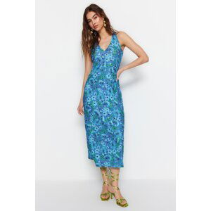 Trendyol Blue Back Detailed Floral Printed Ribbed Fitted Midi Knitted Dress