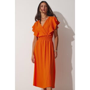 Happiness İstanbul Women's Orange Flounce Textured Knitted Dress
