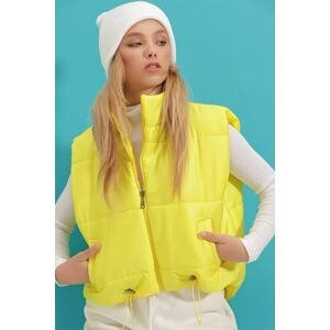 Trend Alaçatı Stili Women's Yellow High Neck Double Pocket Full Filled Waist Adjustable Puffer Vest