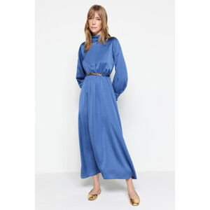 Trendyol Dark Blue Collar and Cuff Draped Detail Belted Woven Evening Dress