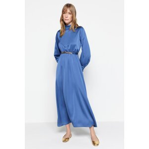 Trendyol Dark Blue Knit Evening Dress with Draping Detail and Belt.