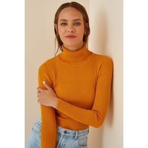 Happiness İstanbul Women's Mustard Turtleneck Ribbed Lycra Sweater