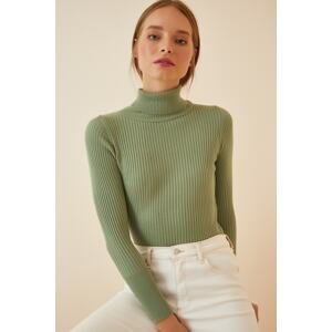 Happiness İstanbul Women's Almond Green Turtleneck Ribbed Lycra Sweater