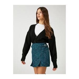 Koton Mini Short Skirt Tweed Pleated Patterned with Buckle Detail on the Sides