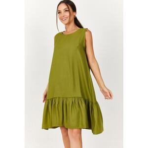 armonika Women's Oil Green Sleeveless Frilly Skirt Dress
