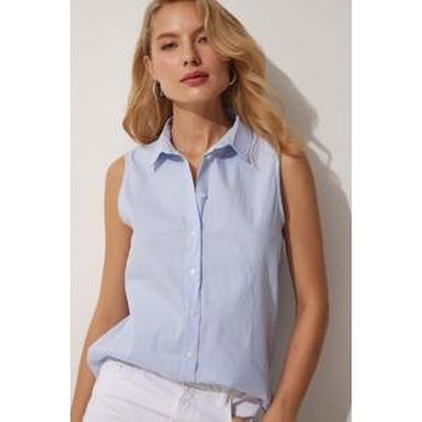 Happiness İstanbul Women's Blue White Pinstripe Sleeveless Poplin Shirt