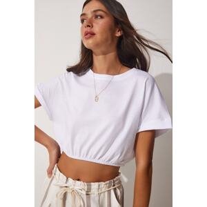 Happiness İstanbul Women's White Elastic Waist Crop T-Shirt